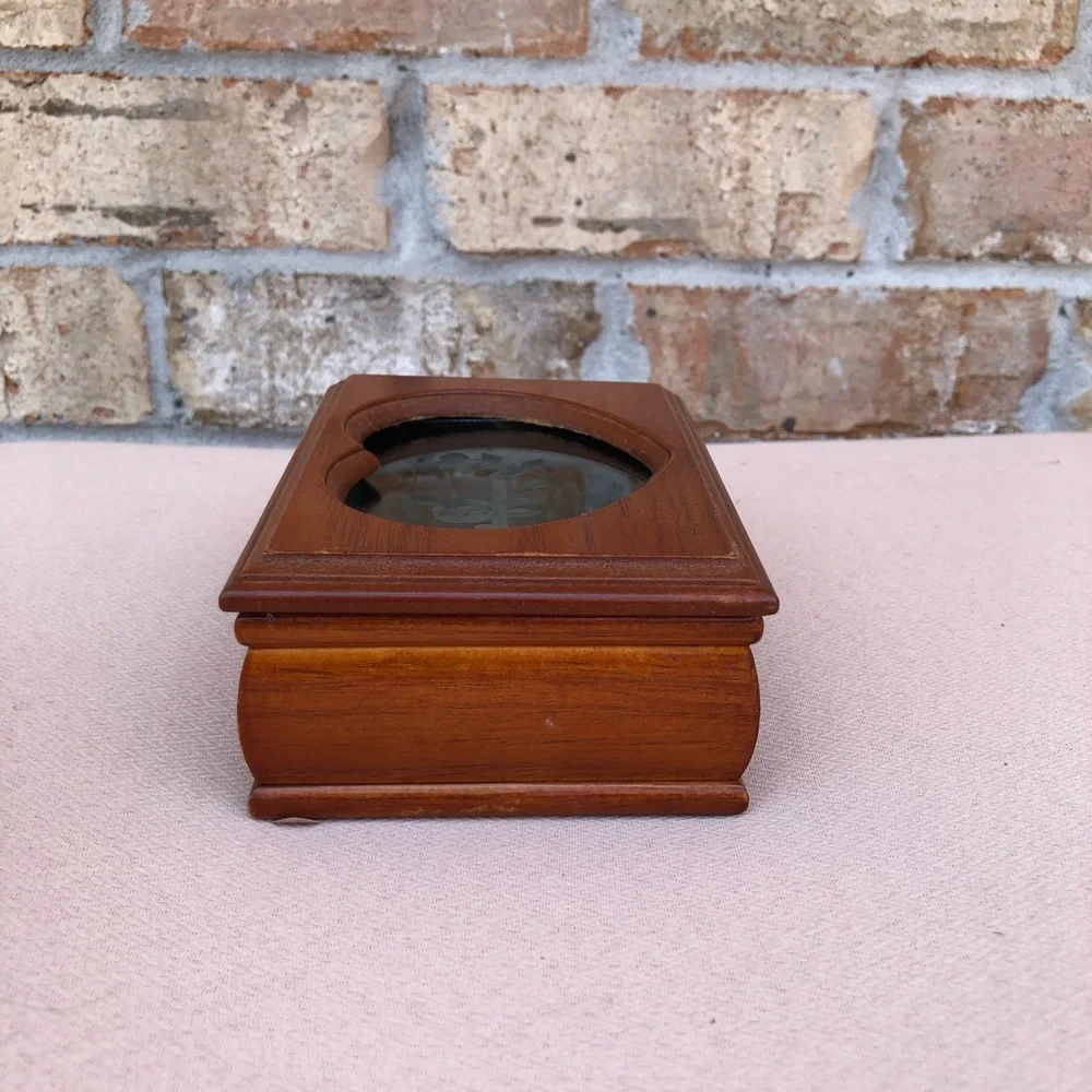 Vintage Solid Wood Small Jewelry Box, Heart Shape Etched Glass Window, Padded